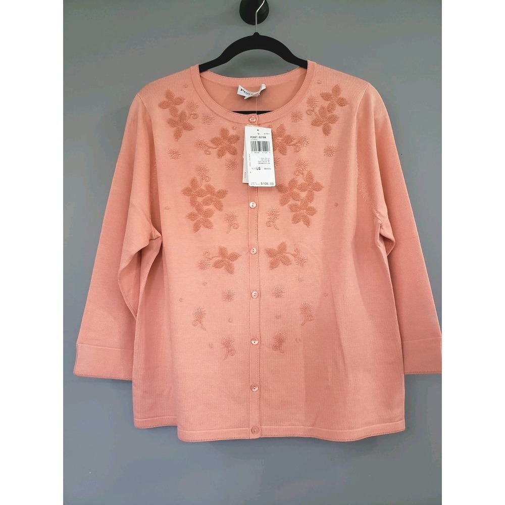 NEW BEADED FLOWER FLORAL PINK CARDIGAN BUTTON UP SILK NYLON BLEND